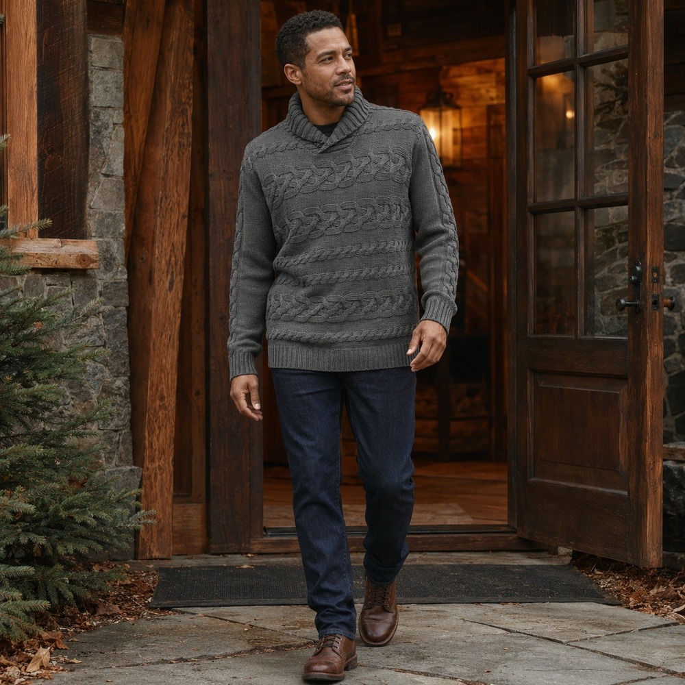 Weatherproof Vintage Mens Sweater Gray Cable Knit Shawl Collar Size Large